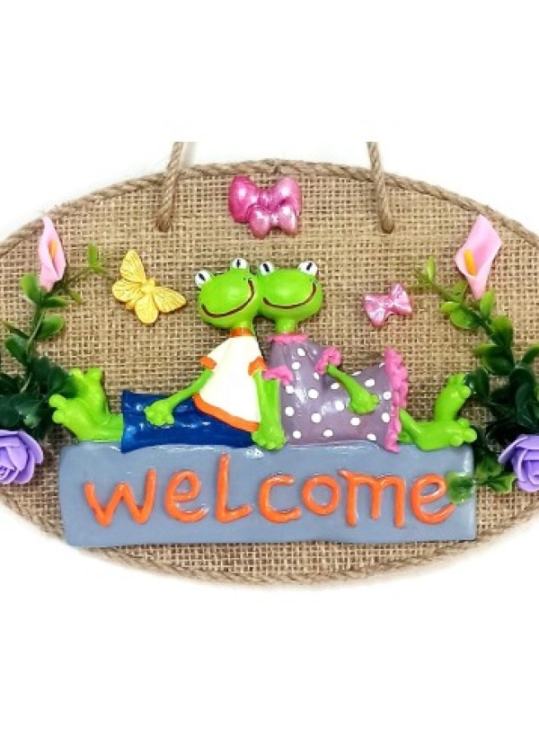 Yeşil Sevimli Kurbağa Çift Welcome Yazılı Kelebekli Kapı Süsü