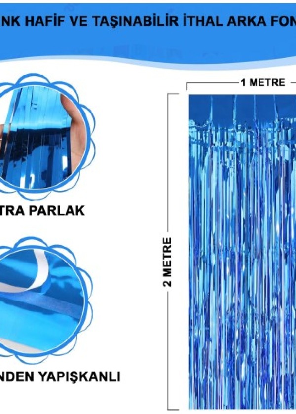 Ekstra Metalize Mavi Renk Saçaklı Arka Fon Perde 1x2 metre
