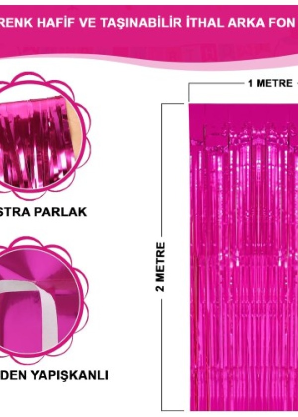 Ekstra Metalize Parlak Saçaklı Arka Fon Perde Fuşya