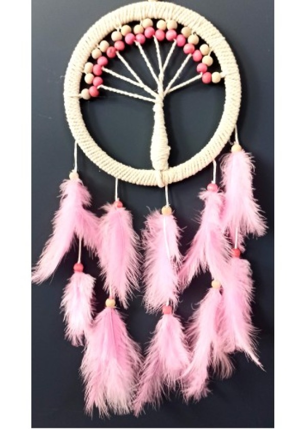 Pembe Kuş Tüylü Hayat Ağacı Düş Kapanı Dream Catcher Duvar Süsü