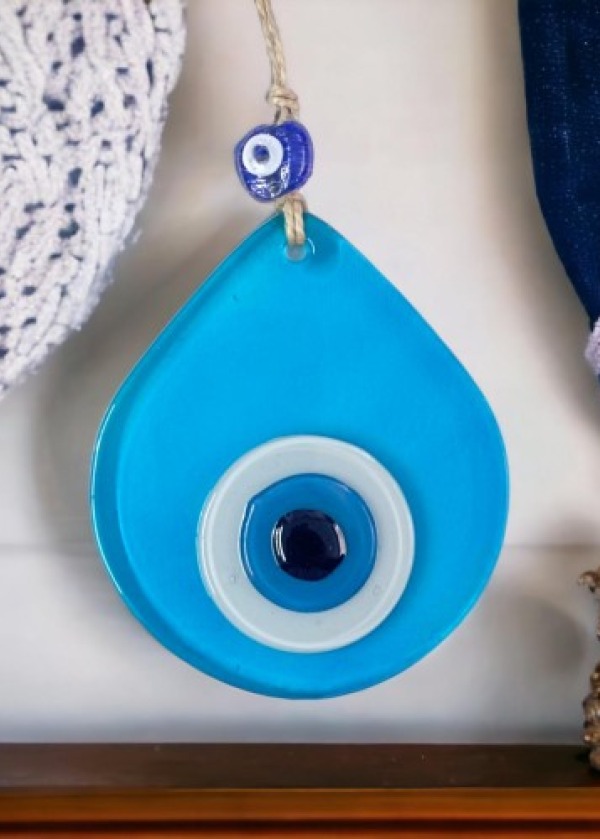 Orta Boy Şeffaf Turkuaz Damla Desen Nazar Boncuklu Duvar Dekoru Cam Duvar Süsü