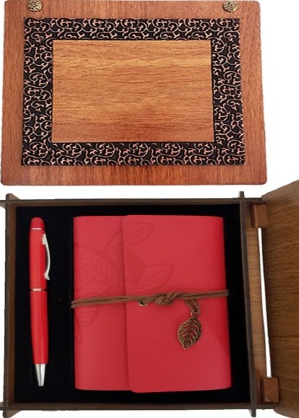 Ahşap Kutulu Kırmızı Deri Defter ve Metal Kalem Set