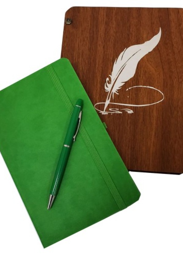 Dekoratif Yeşil Deri Kaplama Defter Ahşap Kutulu Hediyelik Vip Set