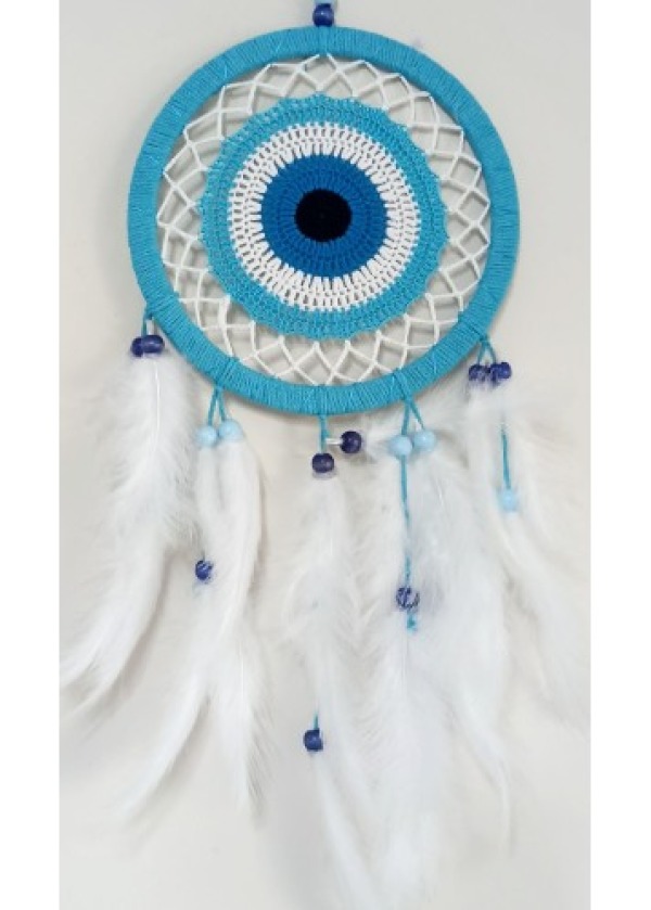 Nazar Boncuğu Motifli Turkuaz Rengi Dream Catcher Beyaz Kuş Tüylü Düş Kapanı Duvar Süsü