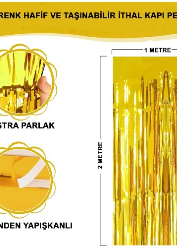 Ekstra Metalize Parlak Saçaklı Arka Fon Perde Gold