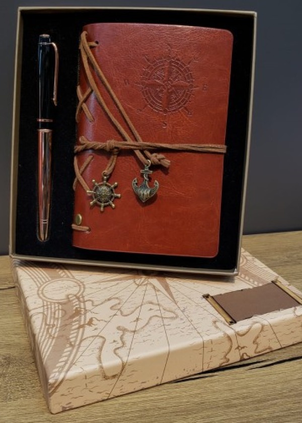 Deri Pusula Tasarımlı Defter Ve Metal Kalem Seti