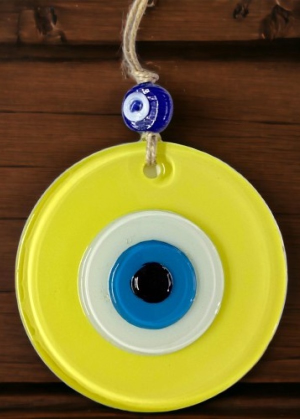 Mini Boy Sarı Nazar Boncuklu Duvar Süsü 10 Cm Cam Duvar Dekoru