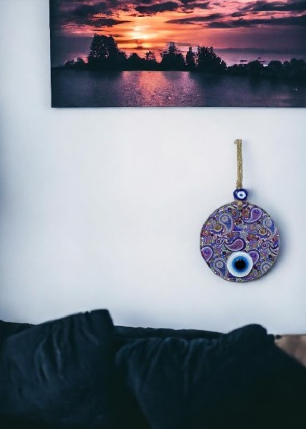 Mandala Desen Mavi Mor Nazar Boncuklu Füzyon Cam El İşçiliği 12 cm Duvar Süsü Nazarlık Hediyelik Eşya