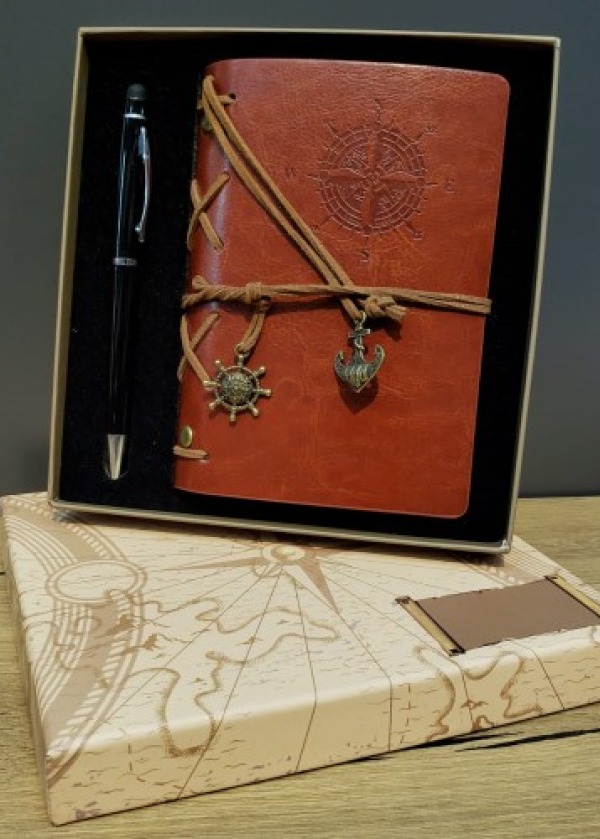 Pusula Baskılı Deri Defter Kalem Seti