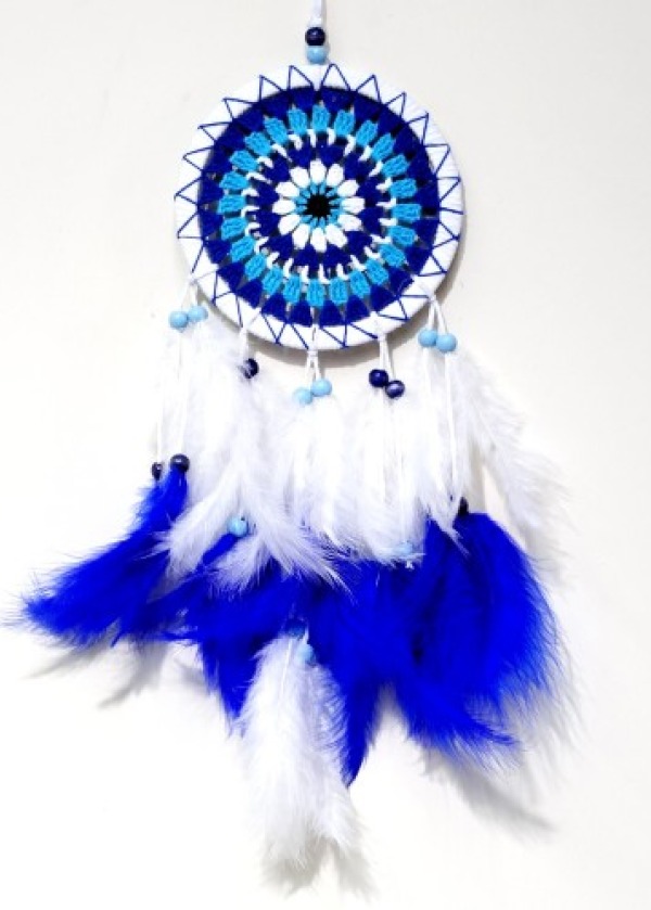 Nazar Boncuğu Desenli Bol Kuş Tüylü Beyaz Renk Dream Catcher El Yapımı Duvar Dekoru