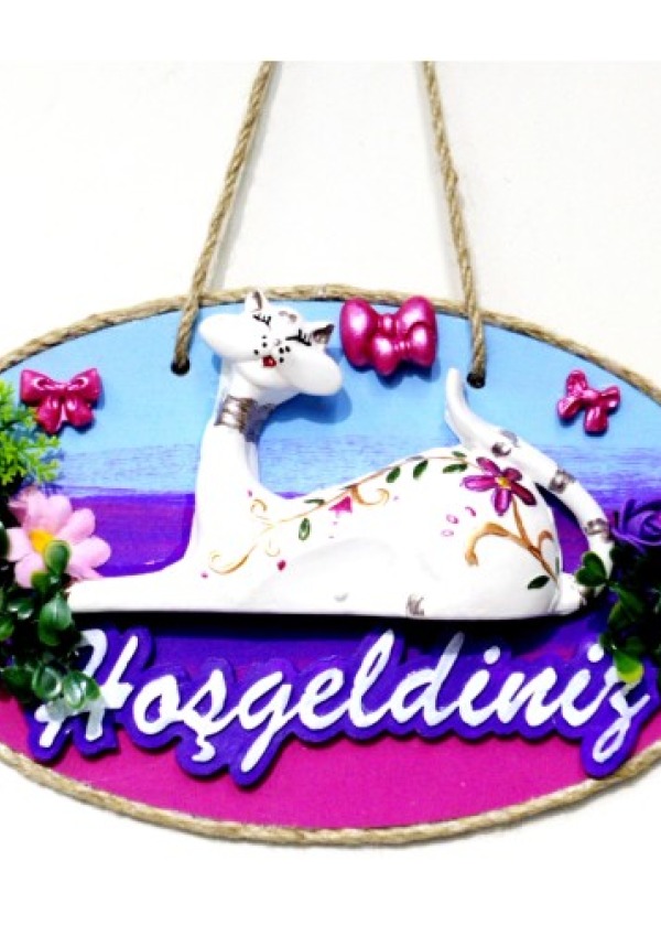 Kedi Figürlü Hoşgeldiniz Yazılı El Boyaması Renkli Kapı Süsü