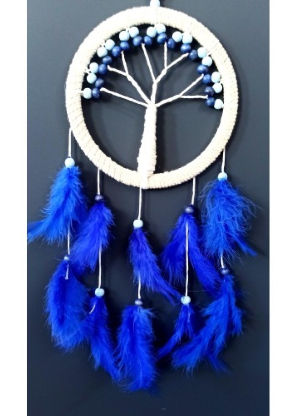 Saks Mavisi Kuş Tüylü Hayat Ağacı Düş Kapanı Dream Catcher Duvar Süsü
