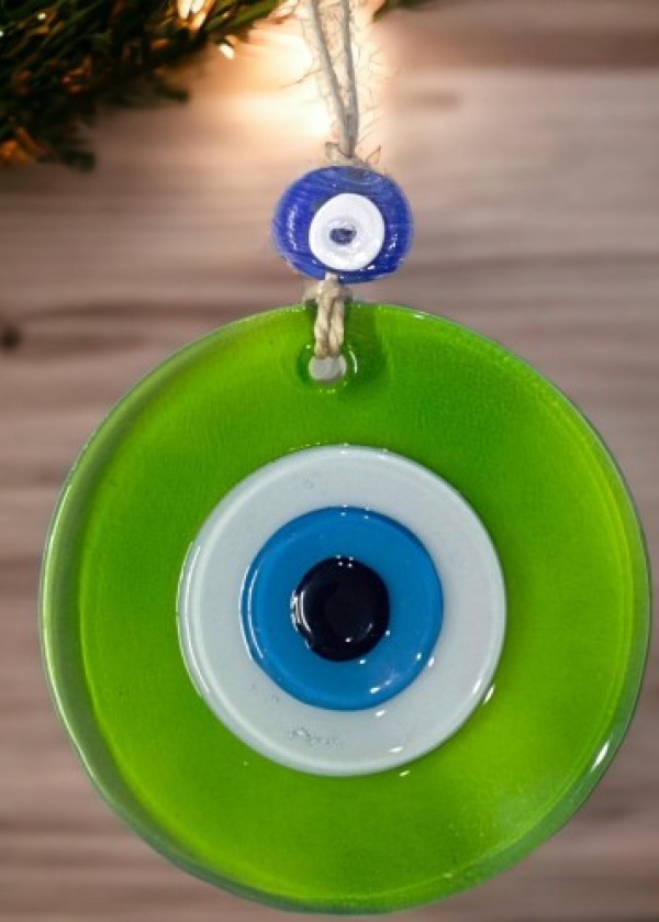 Şeffaf Yeşil Nazar Boncuklu Duvar Süsü 10 Cm Cam Duvar Dekoru