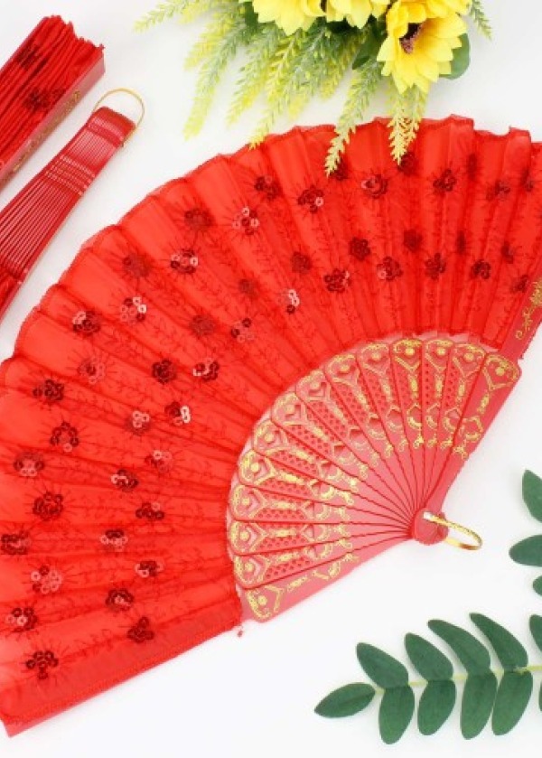 Plastik Pullu Kumaş Yelpaze 12'li Kırmızı