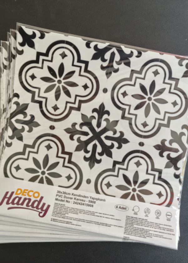 DecoHandy  Pvc Yer Karosu 30x30cm 4'lü Paket - Siyah Beyaz Çini Desen  0,36m2