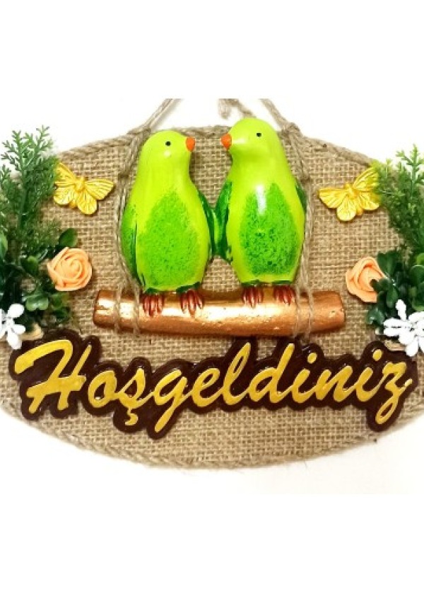 Yeşil Kuşlu Hoşgeldiniz Yazılı Kapı Süsü
