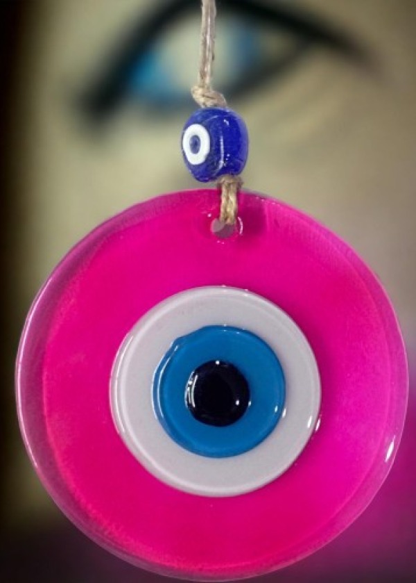 Şeffaf Pembe Nazar Boncuklu Duvar Süsü 10 Cm Cam Duvar Dekoru