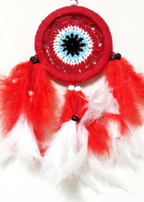 Kırmızı Ve Beyaz Kuş Tüylü Dream Catcher El Yapımı Mini Duvar Süsü