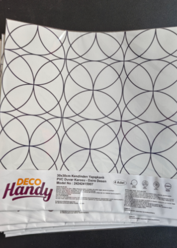 DecoHandy  Pvc Yer Karosu 30x30cm 4'lü Paket - Siyah Daire Geometrik Desen  0,36m2