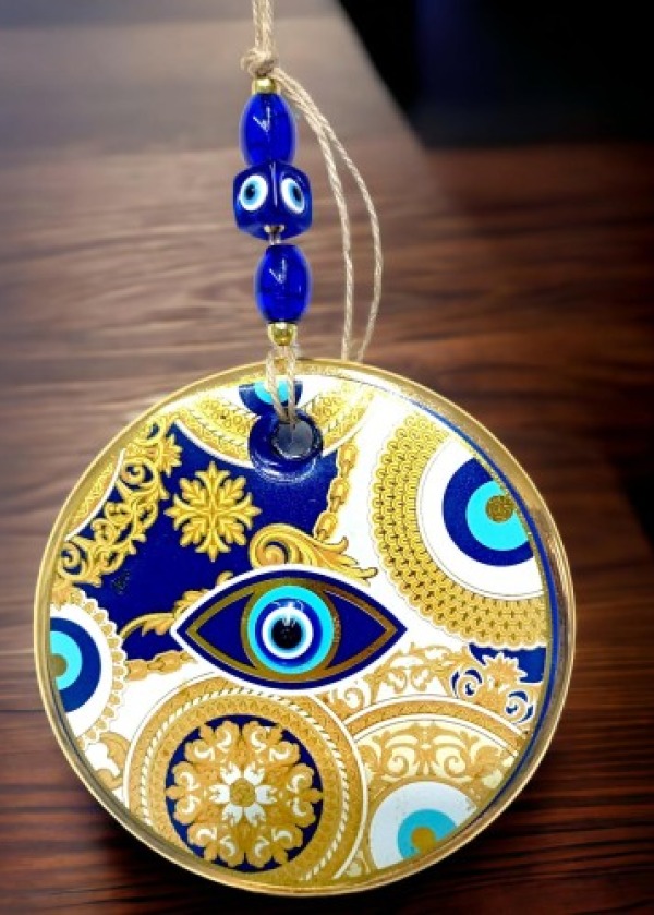 Sarı Motifli Mavi İşlemeli Nazar Boncuk Gözlü Duvar Süsü