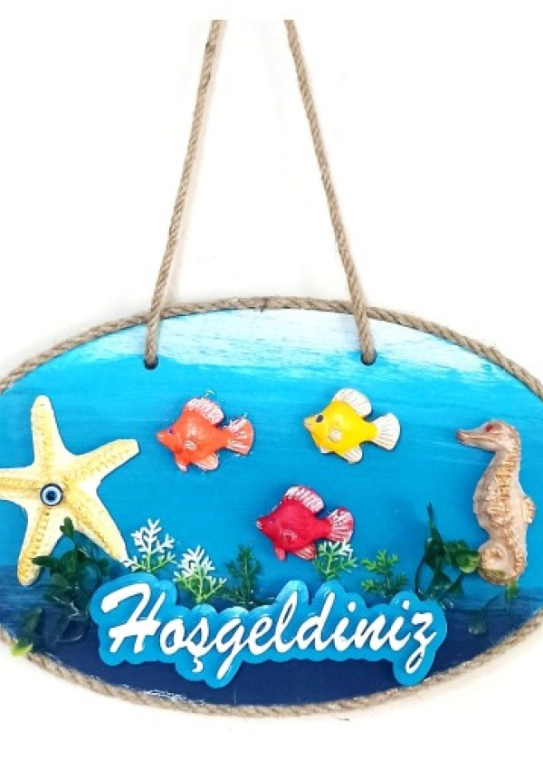 Balıklı, Deniz Atlı Ve Deniz Yıldızlı El Boyaması Hoşgeldiniz Kapı Süsü