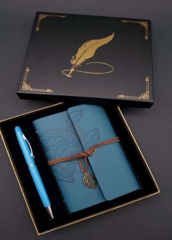 Metal Kalem ve Mavi Deri Defter