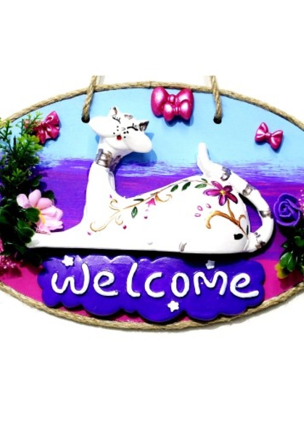 Kedi Figürlü Welcome Yazılı El Yapımı Kapı Süsü